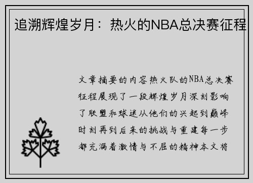 追溯辉煌岁月：热火的NBA总决赛征程